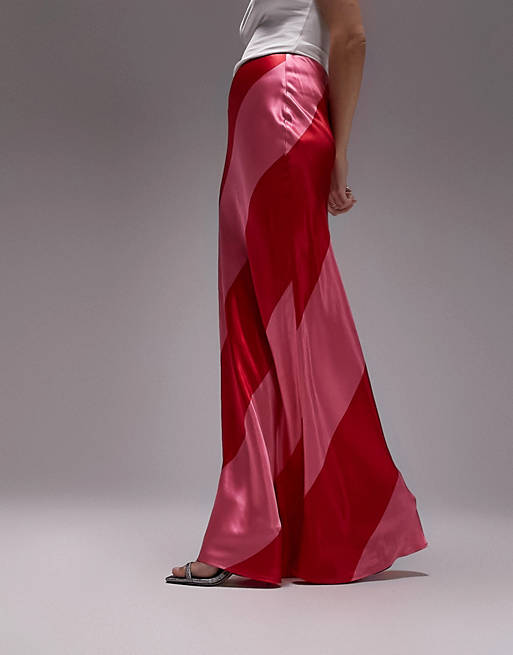 Topshop large stripe floor length maxi skirt in red and pink