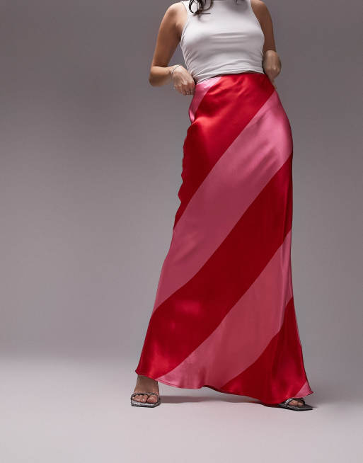 Topshop large stripe floor length maxi skirt in red and pink