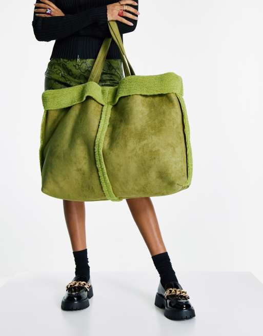 Topshop large teddy trim tote bag in olive