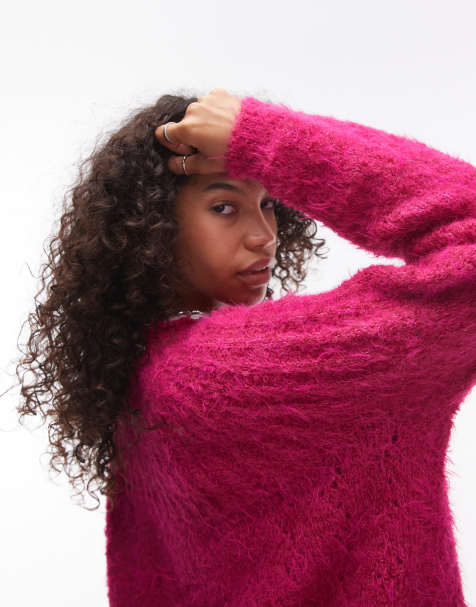 Topshop – Lässig geschnittener, gerippter Pullover aus flauschigem Strick in Magentarot - view 1
