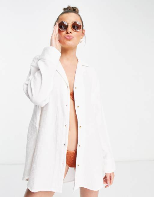 Topshop – Lässiges, strukturiertes Strandhemd in Weiß, Kombiteil