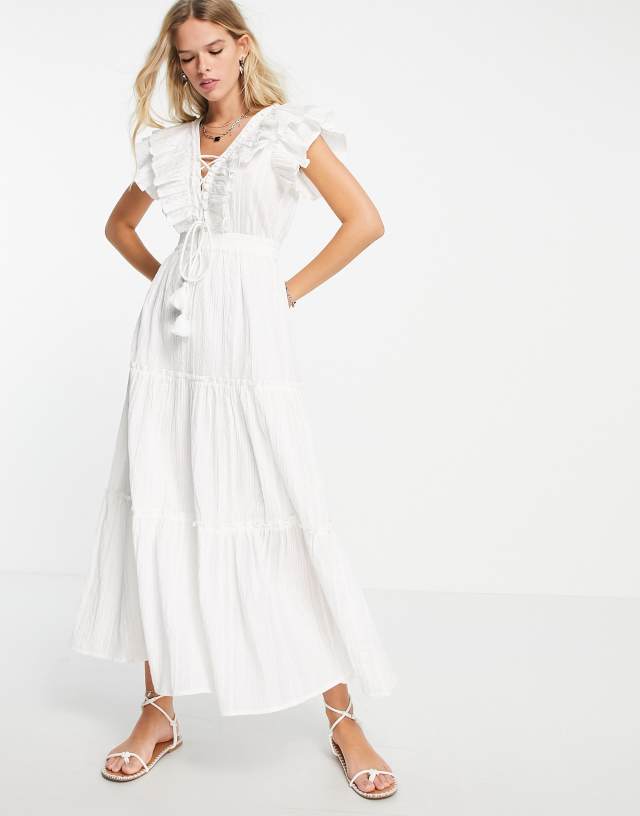 Topshop lattice front seersucker stripe midi dress in ivory