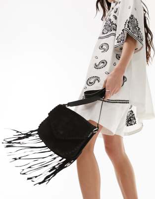 Topshop Laura leather fringing crossbody bag in black