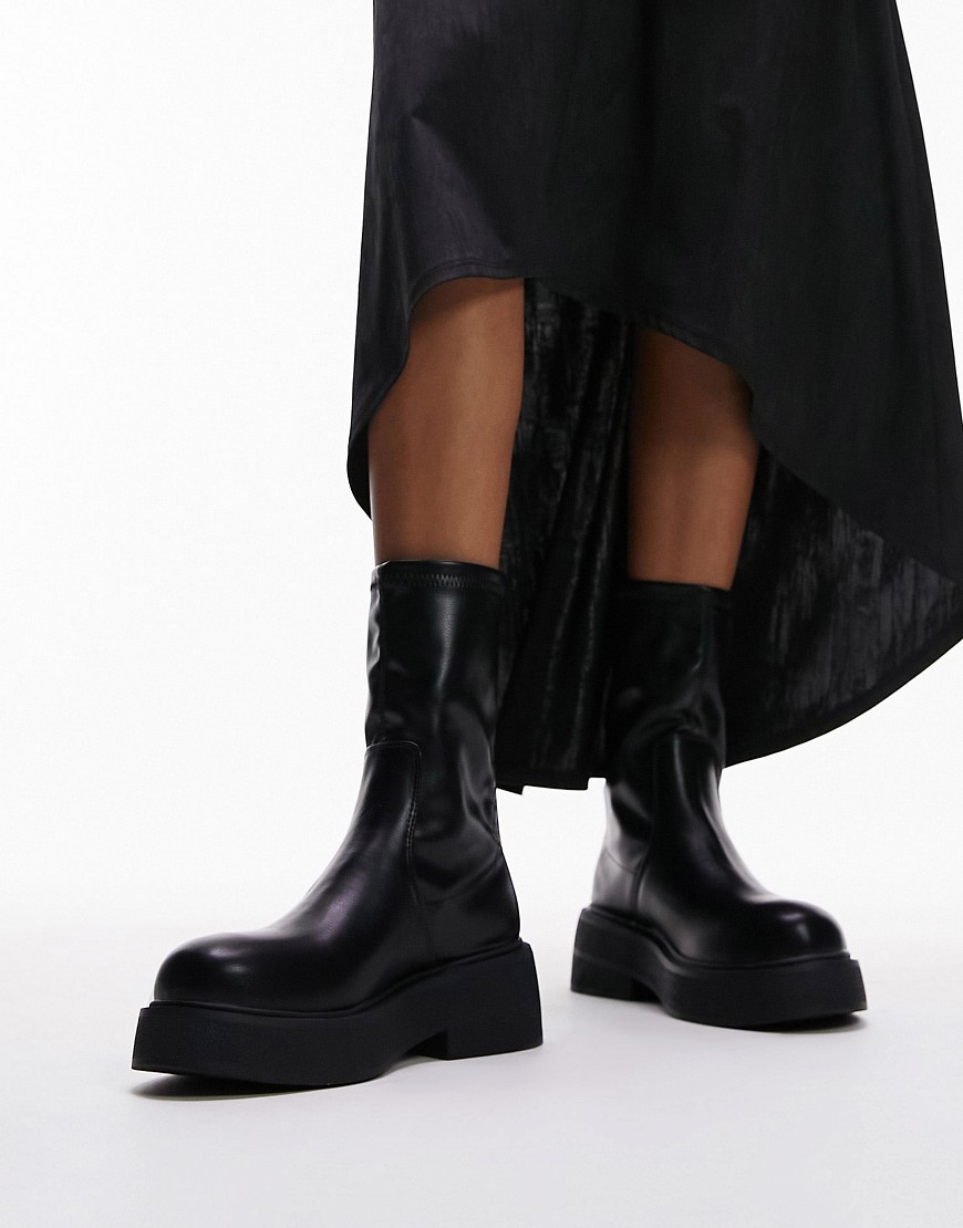Topshop Laura textured sole ankle sock boot in black