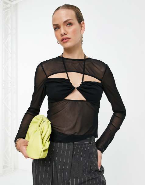 Topshop layered long sleeve cami mesh top in black - view 1
