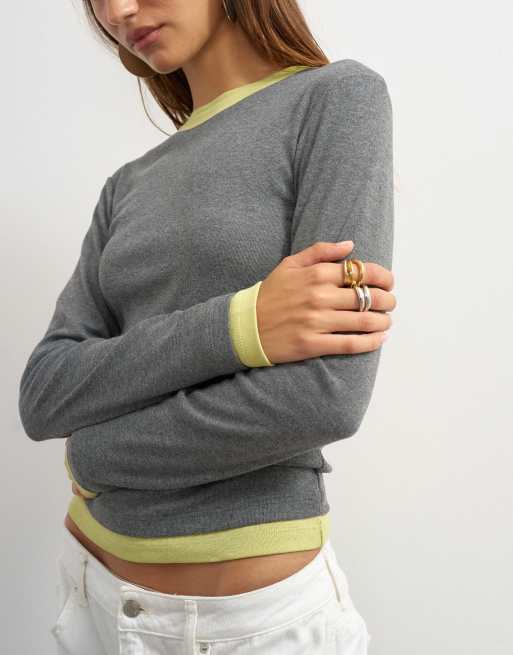 Topshop layered long sleeve fitted tee in gray and green, 2 of 4