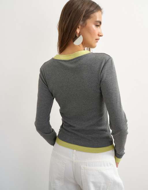 Topshop layered long sleeve fitted tee in gray and green, 4 of 4