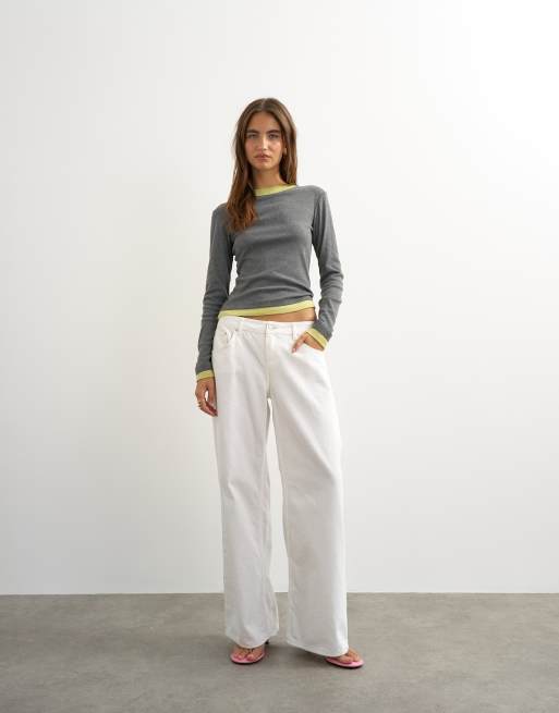 Topshop layered long sleeve fitted tee in grey and green, 3 of 4