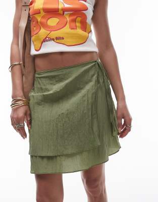 Topshop Layered Mini Skirt With Bow In Green Crinkle