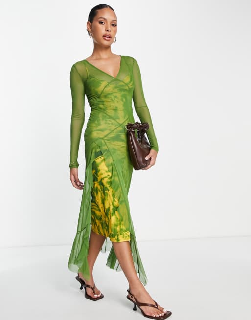 Topshop layered printed mesh maxi dress in green | ASOS