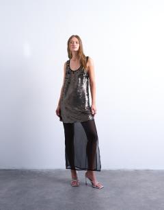 Layered sheer sequin midi dress in pewter