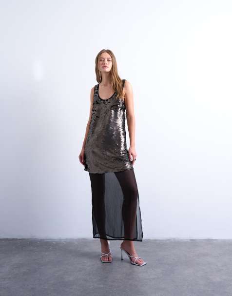 Topshop layered sheer sequin midi dress in pewter