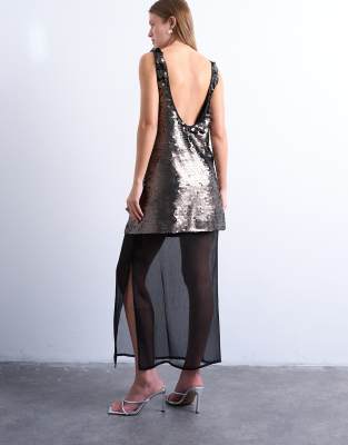 Topshop Layered Sheer Sequin Midi Dress In Silver