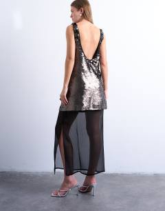 Model wearing Layered sheer sequin midi dress in pewter