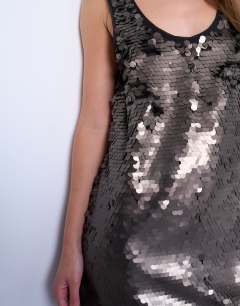 Model wearing Layered sheer sequin midi dress in pewter