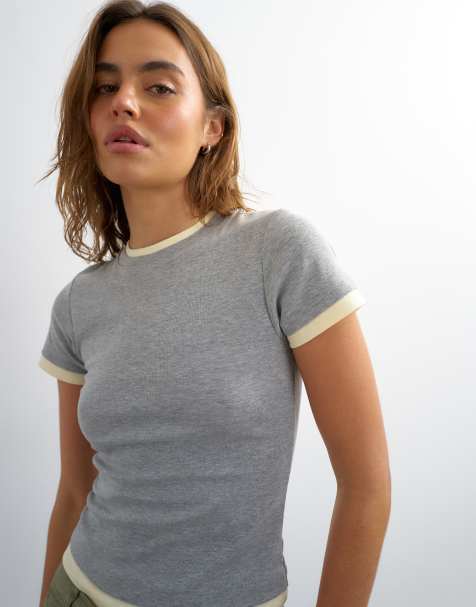 Topshop layered short sleeve fitted tee in gray & yellow - view 1