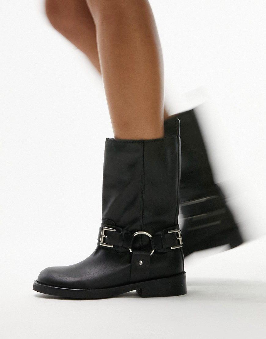 Topshop Ruby Premium Leather Biker Boots In Black