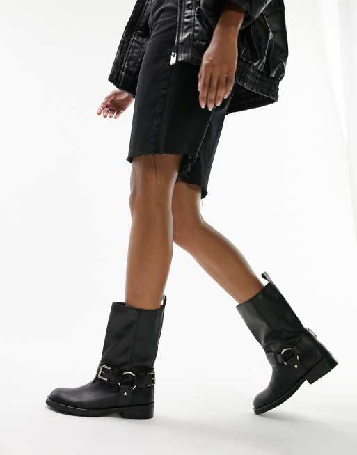 Topshop Lea Premium Leather Biker Boots in Black