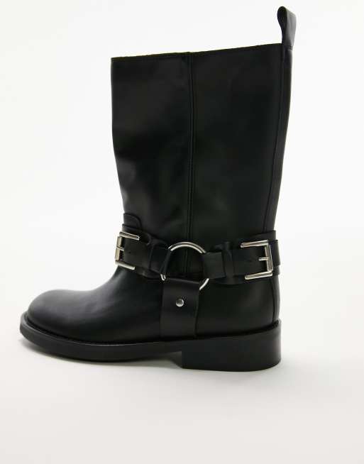 Topshop Lea Premium Leather Biker Boots in Black