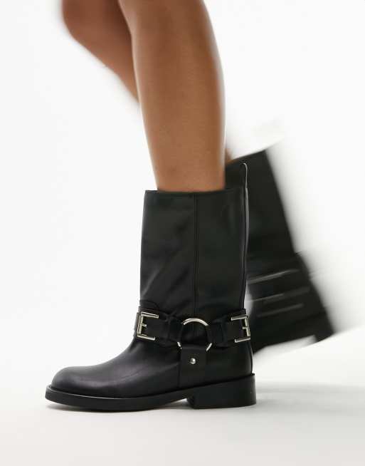 Topshop - Lea - Premium leren bikerlaarzen in zwart