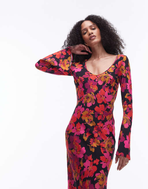 Topshop Lea Robe droite longue a fleurs Rose