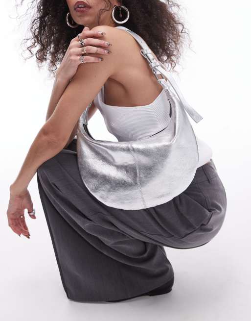 Topshop - Leah - Borsa da spalla piccola argentata in pelle, 4 di 4