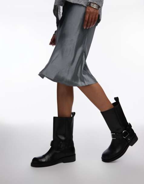Topshop – Leam – Biker-Stiefel aus hochwertigem Leder in Schwarz - view 1