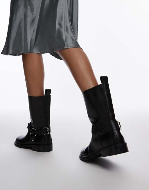 Topshop Leam premium leather biker boots in black