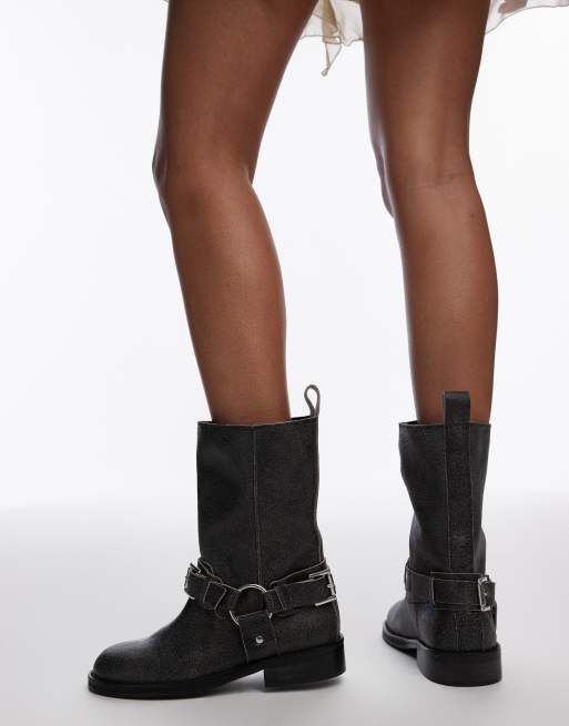 Topshop Leam premium leather biker boots in distressed grey