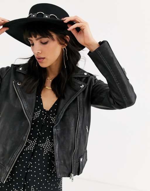 Topshop faux leather biker jacket in black, ASOS