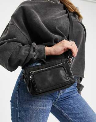 Topshop Leather Crossbody In Black In Black