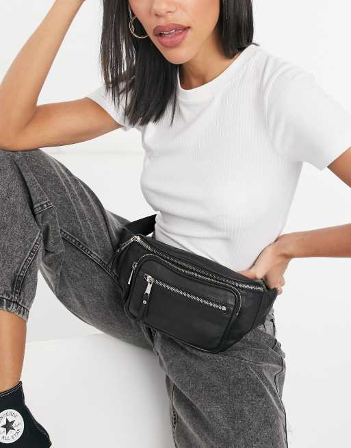 Topshop teddy double buckle sling fanny pack in black