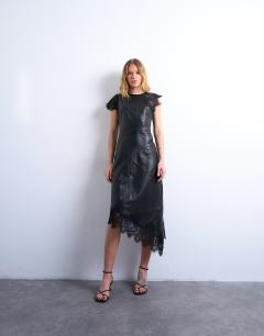 Leather lace insert grown on shoulder midi dress in black