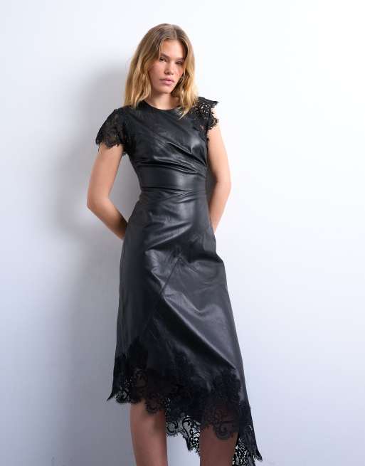 Topshop leather lace insert grown on shoulder midi dress in black, 2 of 4