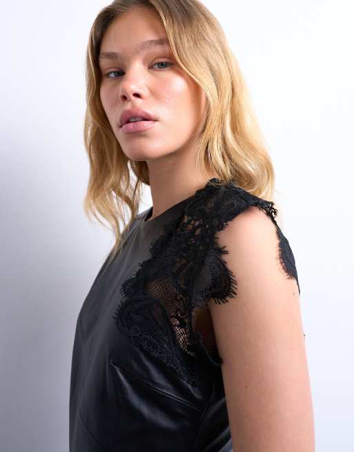 Topshop leather lace insert grown on shoulder midi dress in black, 3 of 4