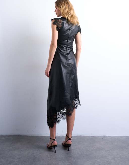 Topshop leather lace insert grown on shoulder midi dress in black, 4 of 4