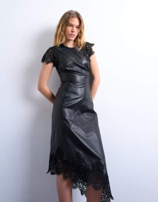 Topshop Leather Lace Inserts Grown On Shoulders Midi Dress In Multi