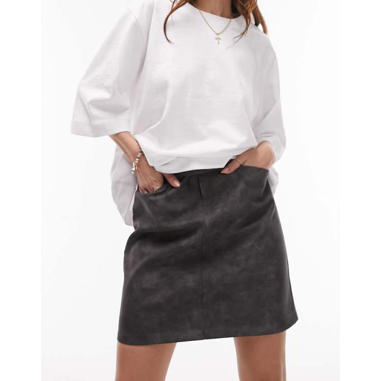 Topshop leather look 90s length zip detail skirt in distressed grey