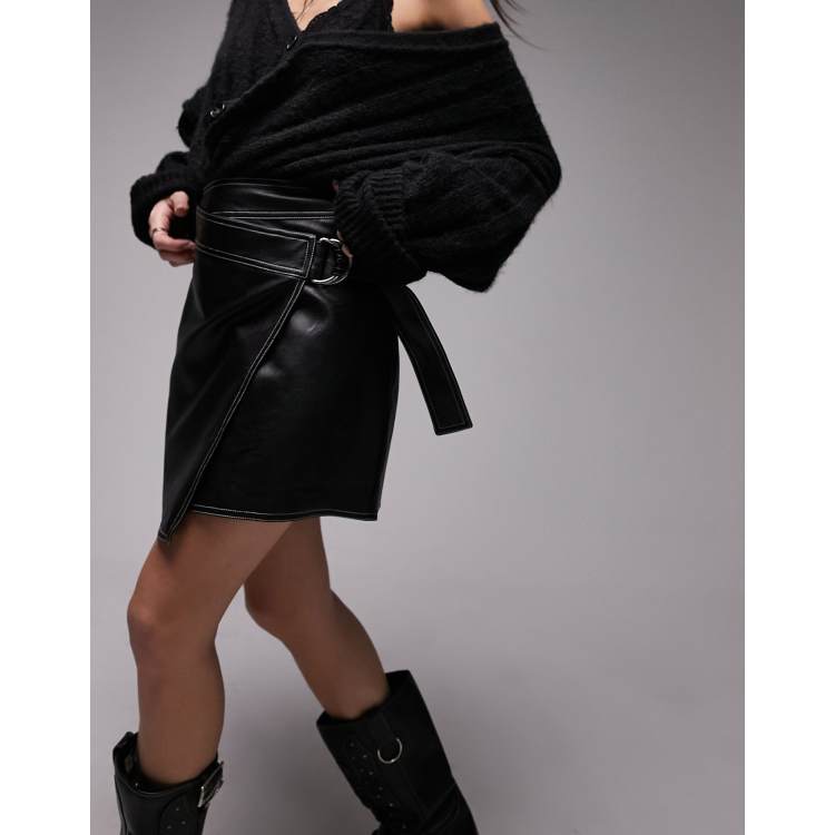 Topshop leather look belt wrap stitch detail mini skirt in black | ASOS