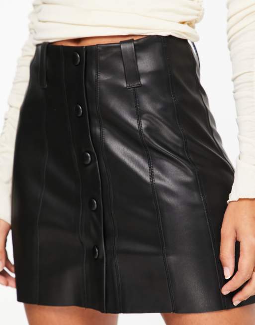 Topshop leather look button through seamed mini skirt in black | ASOS