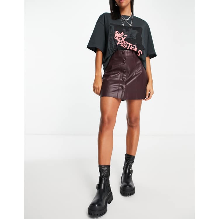 Topshop leather look button through seamed mini skirt in burgundy