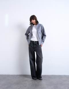 Model wearing Leather look CF zip jacket in washed grey