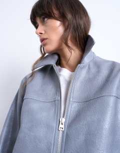 Model wearing Leather look CF zip jacket in washed grey