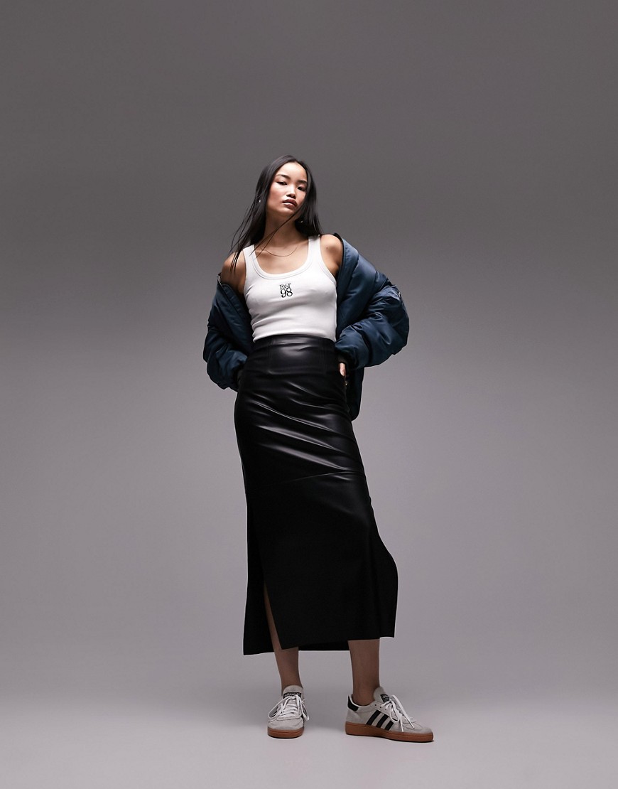 Topshop Leather Look Clean Bias Maxi Skirt In Black