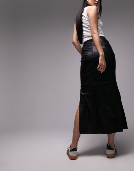 Topshop leather look clean bias maxi skirt in black