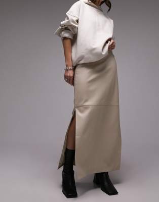 Topshop Leather Look Clean Midi Skirt In Fawn-neutral In Brown