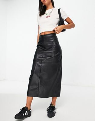Topshop leather look clean maxi skirt in black