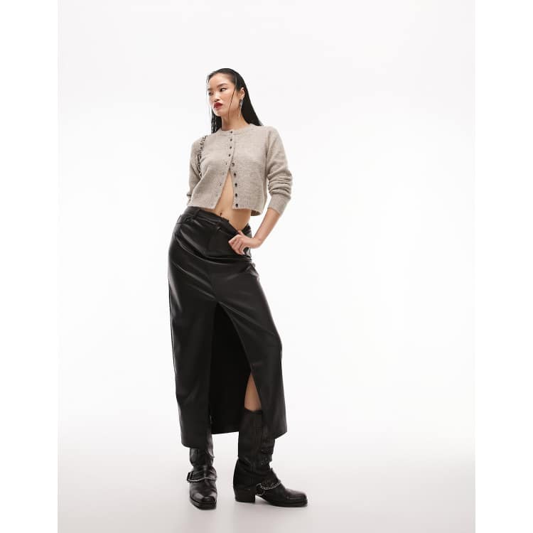 Topshop leather look denim styled maxi skirt in black