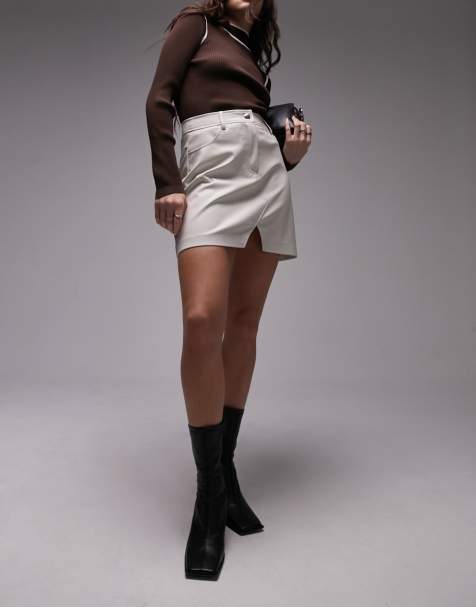 Topshop leather look denim styled mini skirt in ecru - view 1