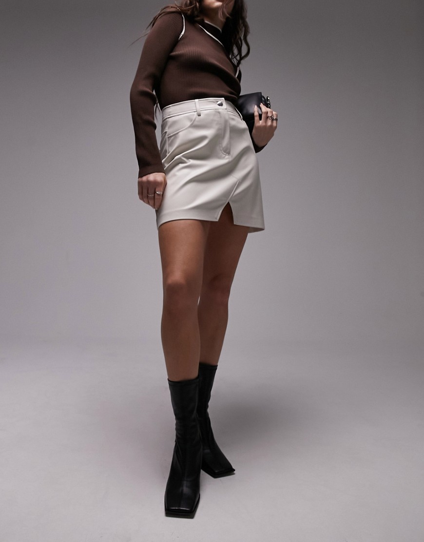 Topshop leather look denim styled mini skirt in ecru-Neutral